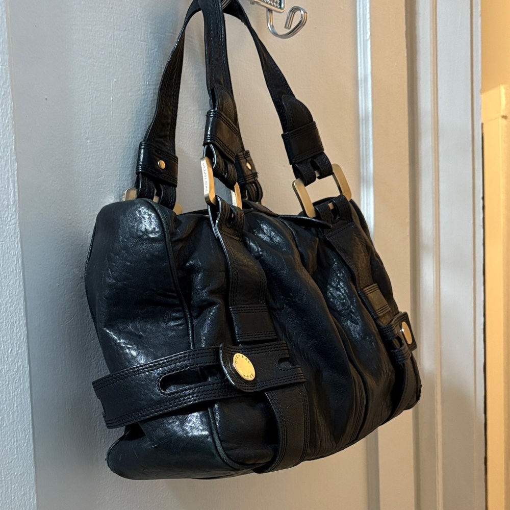 Michael Kors Black Leather Shoulder Bag with Gold Accents